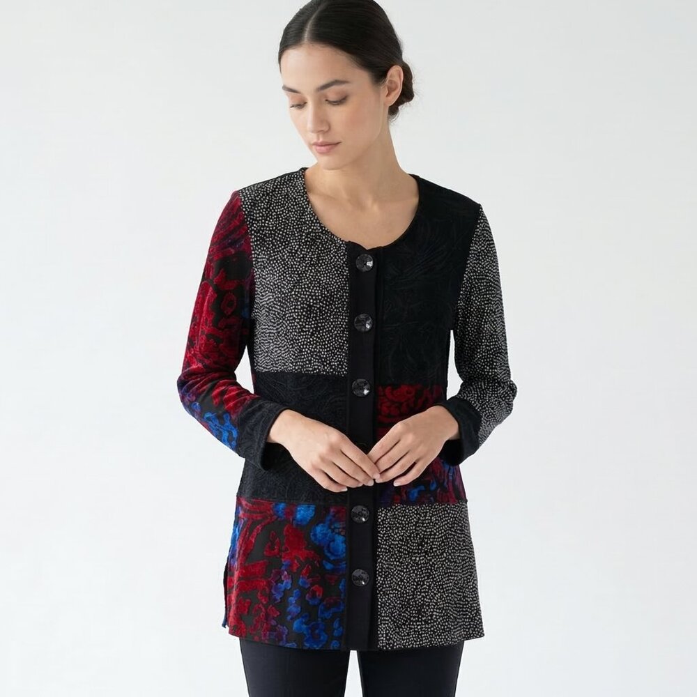 Calessa Jacket Black Patchwork Red Multimedia Art… - image 1